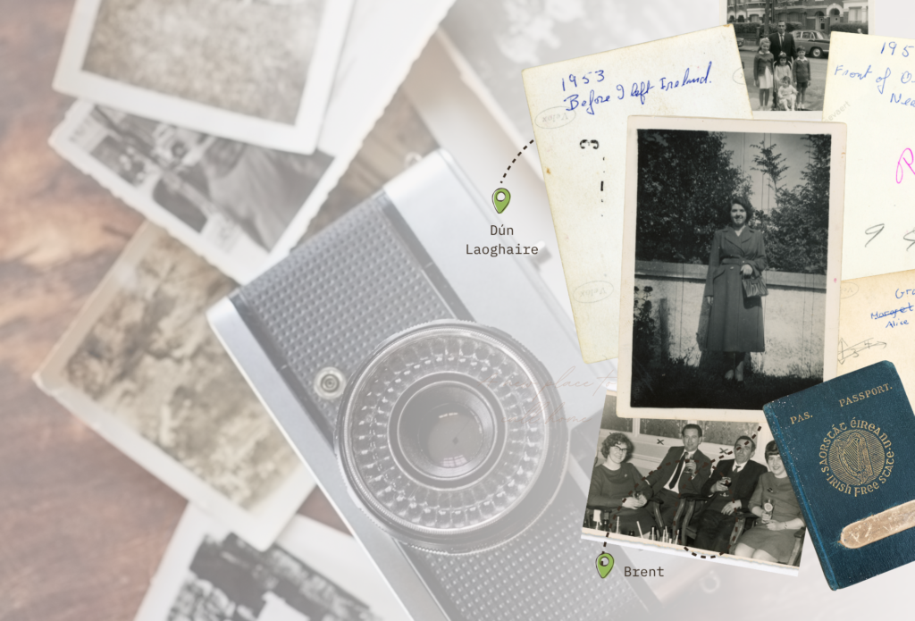 A collage with old photos showing the Irish in London Borough of Brent in the 1950s, 60s and 70s